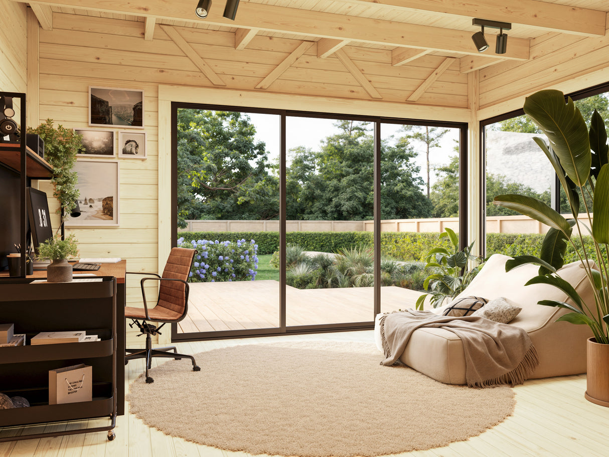 Andrea S+ (5,3x3m|15,2m2|44mm ) Compact Modern Log Cabin With Tool Shed