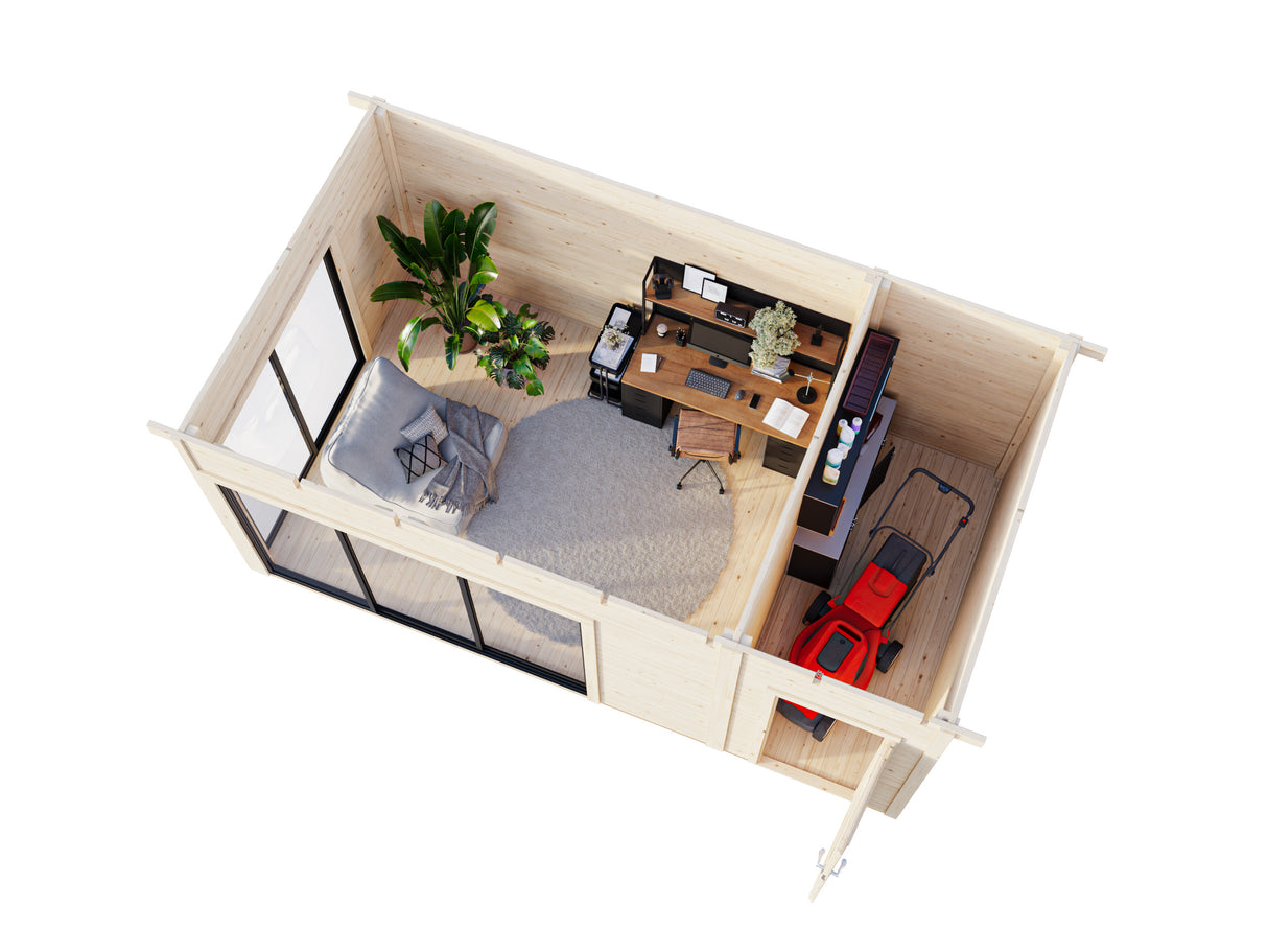 Andrea S+ (5,3x3m|15,2m2|44mm ) Compact Modern Log Cabin With Tool Shed