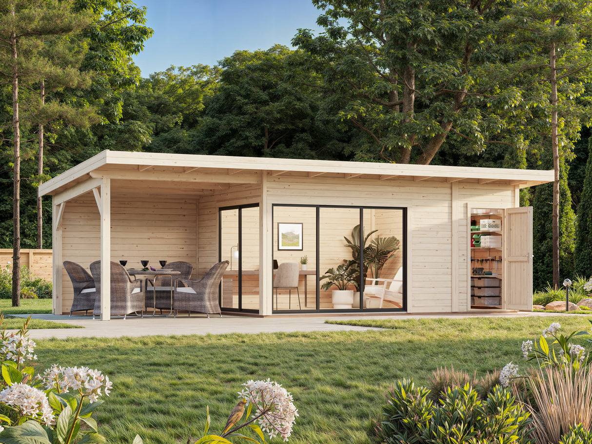 Andrea L+ (8,3x3m|15,2+7,9m2|44mm ) Sliding Door Garden Cabin with Canopy and Side Shed