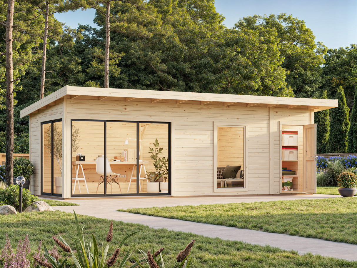 Andrea M+ (7,4x3m|21,1m2|44mm ) Modern Log Cabin with Side Shed