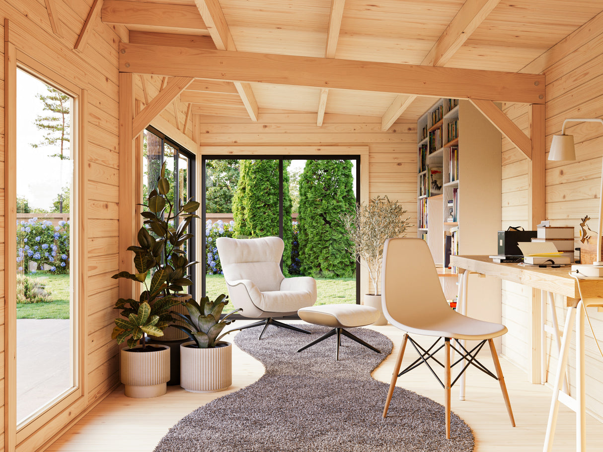 Andrea M+ (7,4x3m|21,1m2|44mm ) Modern Log Cabin with Side Shed