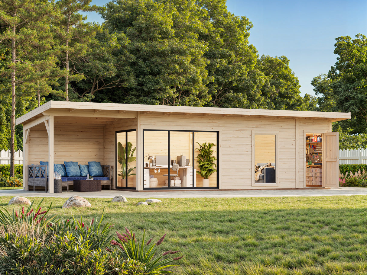 Andrea XL+ (10,4x3m|21,1+7,9m2|44mm ) Modern Garden House with Canopy and Side Shed