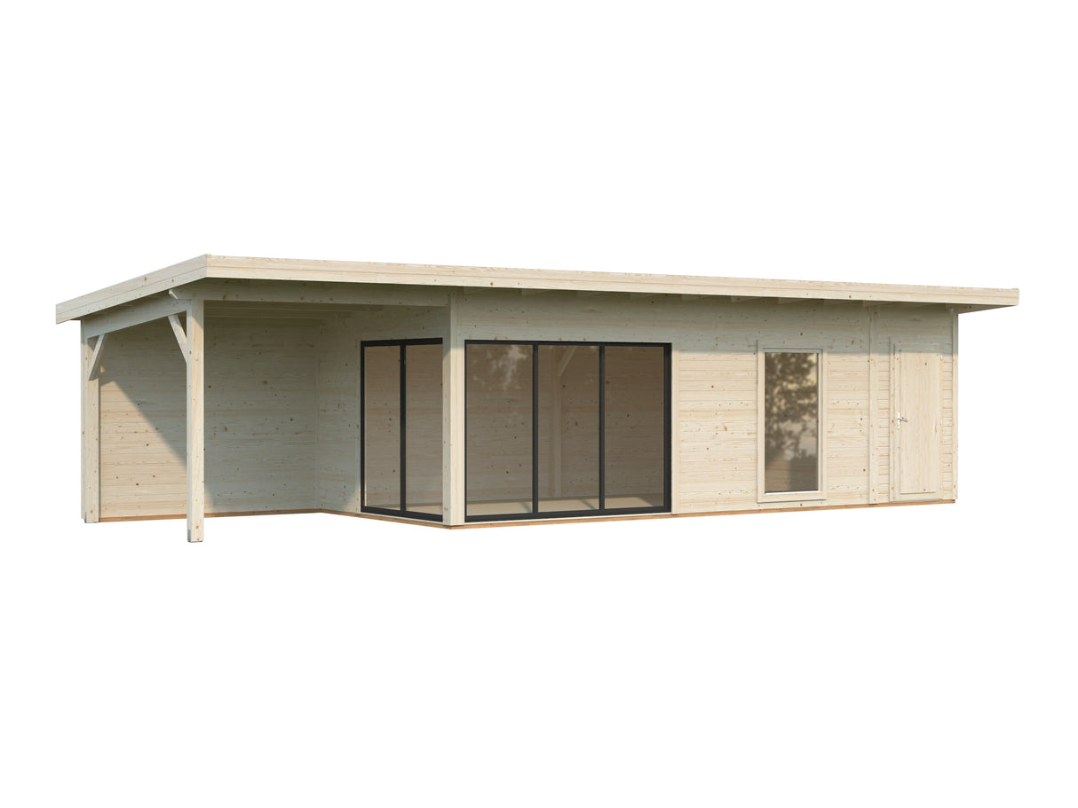 Andrea XL+ (10,4x3m|21,1+7,9m2|44mm ) Modern Garden House with Canopy and Side Shed