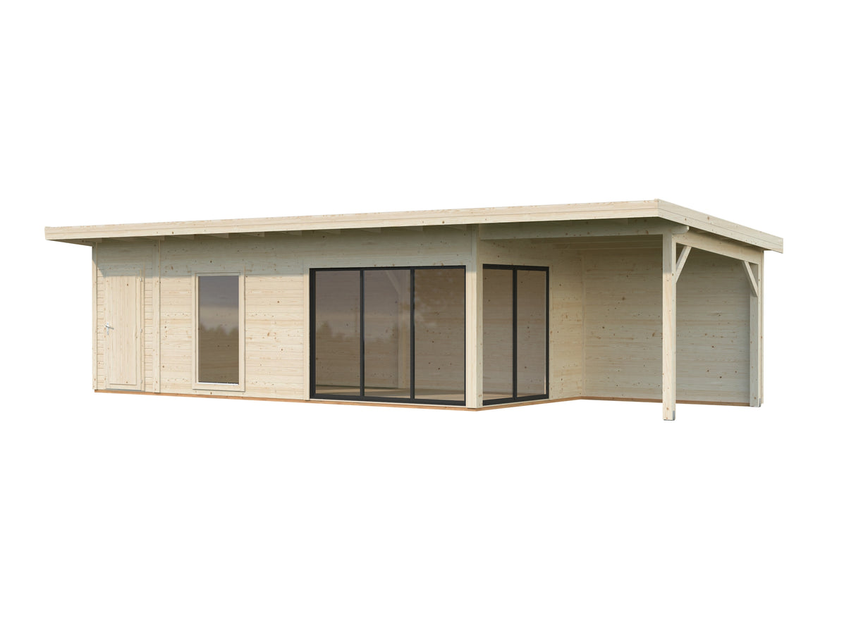 Andrea XL+ (10,4x3m|21,1+7,9m2|44mm ) Modern Garden House with Canopy and Side Shed