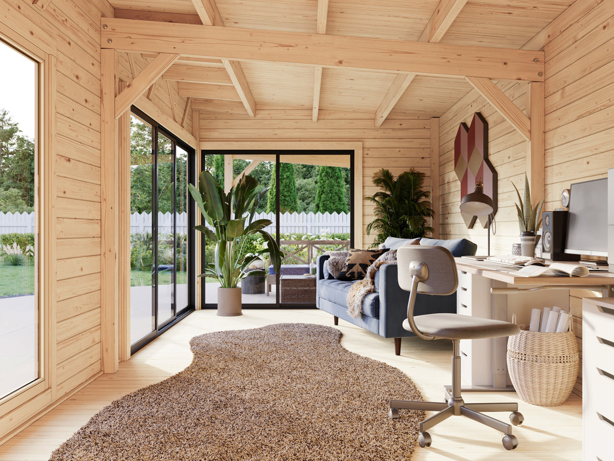 Andrea XL+ (10,4x3m|21,1+7,9m2|44mm ) Modern Garden House with Canopy and Side Shed