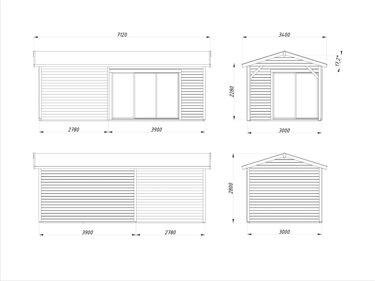 Amanda S+ (6,7x3m | 11,2+7,8 m2 | 44mm) Modern Garden Room With Canopy and Sliding Doors (Double Glazing Available) - Palmako UK