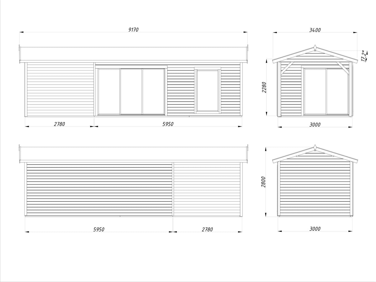 Amanda M+ (8,7x3m | 17,1+7,8 m2 | 44mm) Modern Garden Room with Canopy and Sliding Doors (Double Glazing Available) - Palmako UK