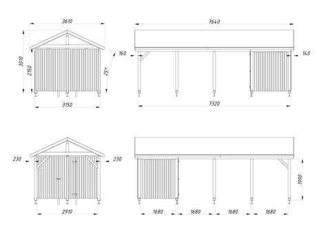 Robert L+ (3,2x7,3m | 23,1m2 | 120x120mm) Apex Roof Carport with Shed - Palmako UK