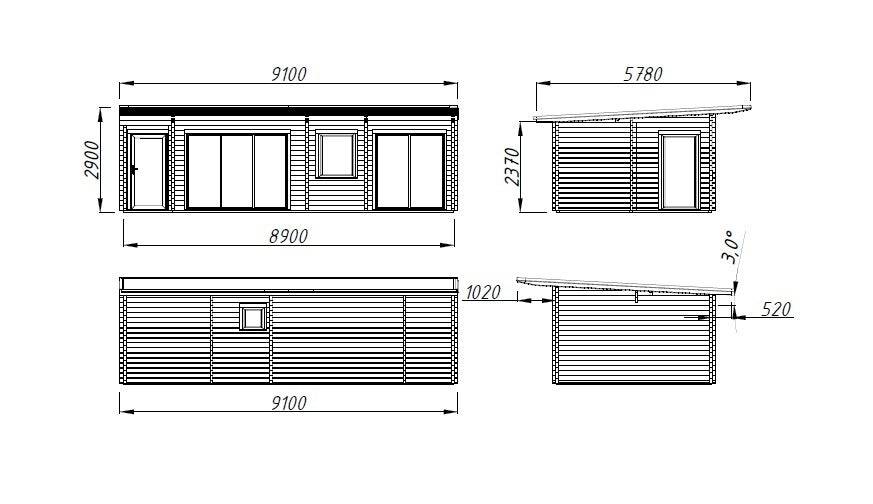 Cecilia XXL (9,1x4,4m | 32m2 | 70mm) Spacious 3-Room Modern Log Cottage with Aluminium Doors and Windows - Palmako UK