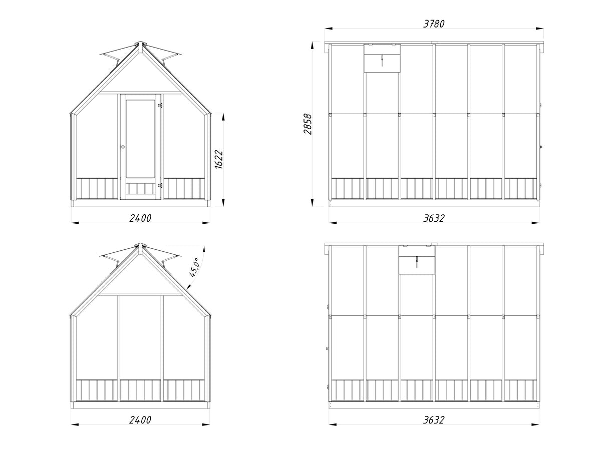 Emilia M (2.4x3.6m | 8.2m2 | 18mm) Modern Greenhouse (Painted Grey) - Palmako UK
