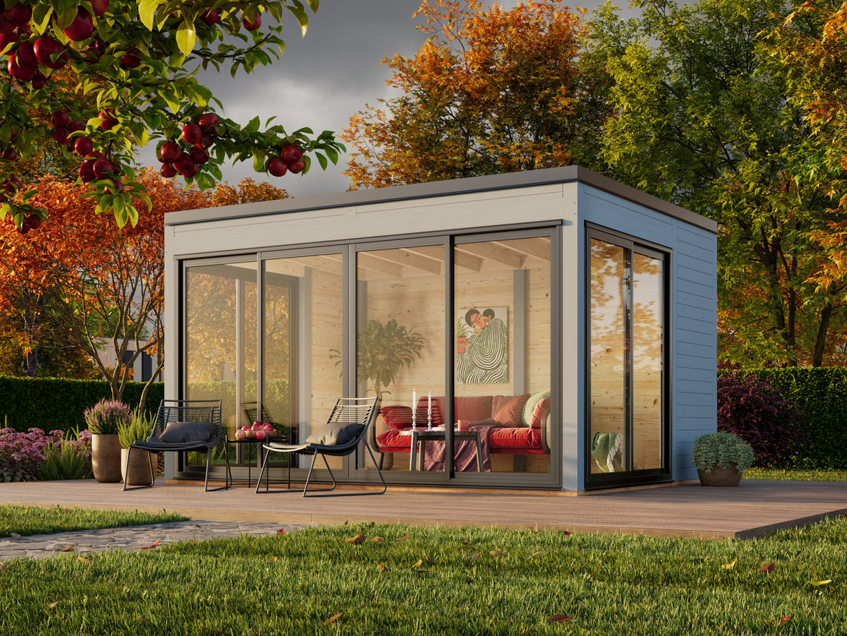 Serena 2 (4,2x3,2m|12,6m2|44mm ) Cubic Garden Log Cabin with Aluminium Doors and Windows(Double or Single Glazed) - Palmako UK