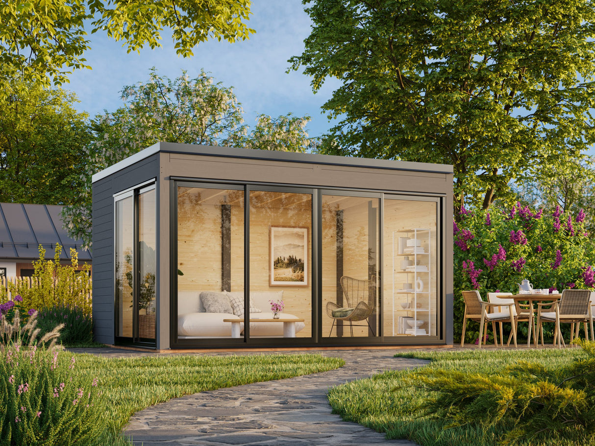 Serena 1 (4,2x3,2m|12,6m2|44mm) Cubic Corner Log Cabin with Aluminium Doors and Windows (Double or Single Glazed) - Palmako UK