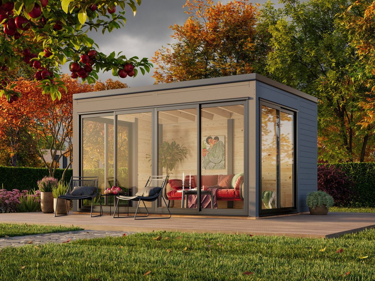 Serena 2 (4,2x3,2m|12,6m2|44mm ) Cubic Garden Log Cabin with Aluminium Doors and Windows(Double or Single Glazed) - Palmako UK