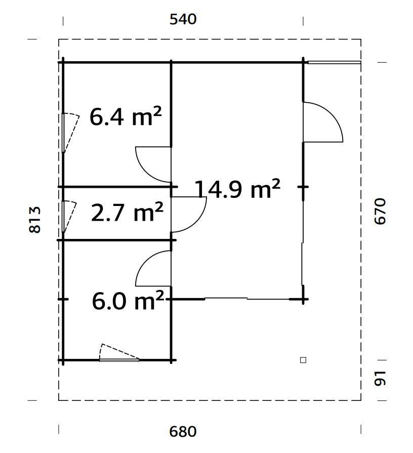 Cecilia XL(5,6x6,9m | 30m2 | 70mm) 4-Room Modern Log Cottage with Aluminium Doors and Windows - Palmako UK