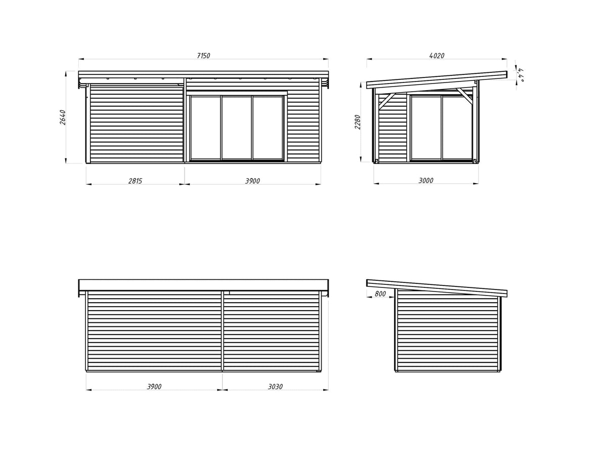 Andrea L (6.9x3m | 11.2+7.9m2 | 44mm) Garden Room with Sliding Doors (Double Glazing Available) - Palmako UK