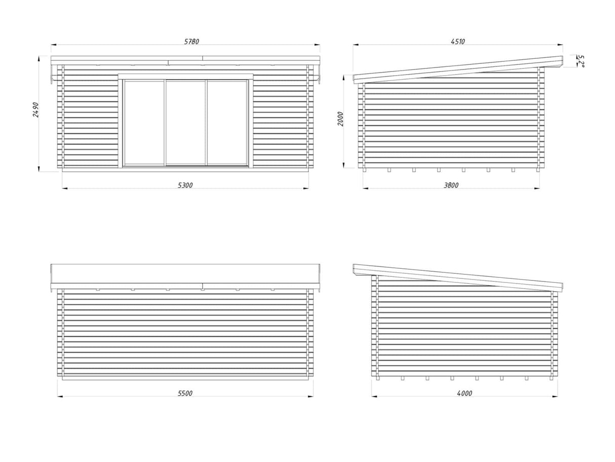 Lea L (5.3x3.8m | 19.4m2 | 44mm) Pent Garden Room with Sliding Doors (Double Glazing Available) - Palmako UK