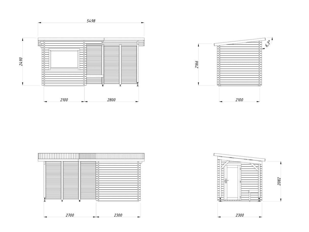 Sanna S+ (5.1x2.3m | 4.1+5.9 m2 | 44mm) Modern Outdoor Sauna with Canopy - Palmako UK