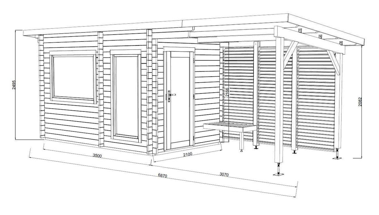 Sanna M+ (6.5x2.5m | 6.8+5.9m2 | 44mm) Modern Garden Sauna with Dressing Room and Canopy - Palmako UK