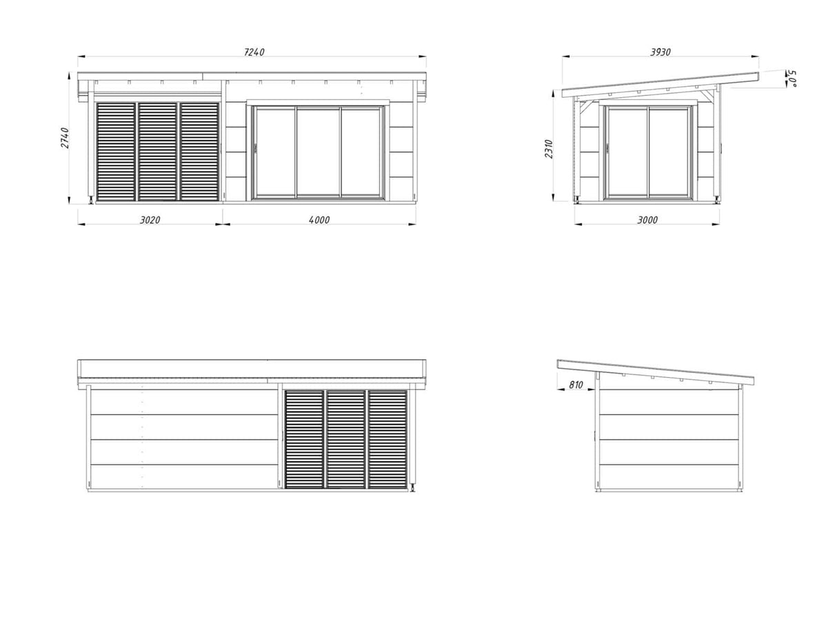 Grace (4x3m | 11.2+8.2m2 | 56mm) Year-Round Glue-Laminated Garden Room with Double Glazed Sliding Doors And Canopy - Palmako UK