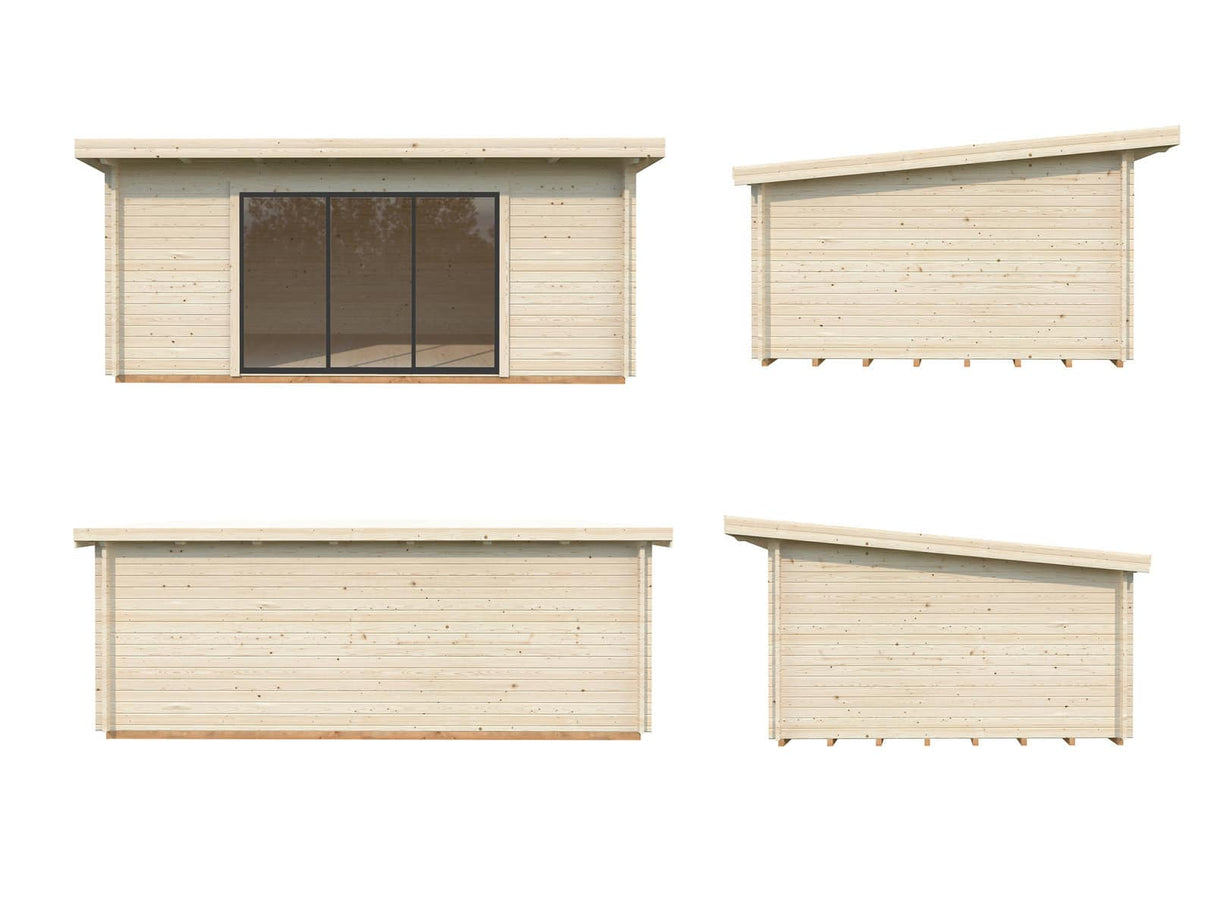 Lea L (5.3x3.8m | 19.4m2 | 44mm) Pent Garden Room with Sliding Doors (Double Glazing Available) - Palmako UK