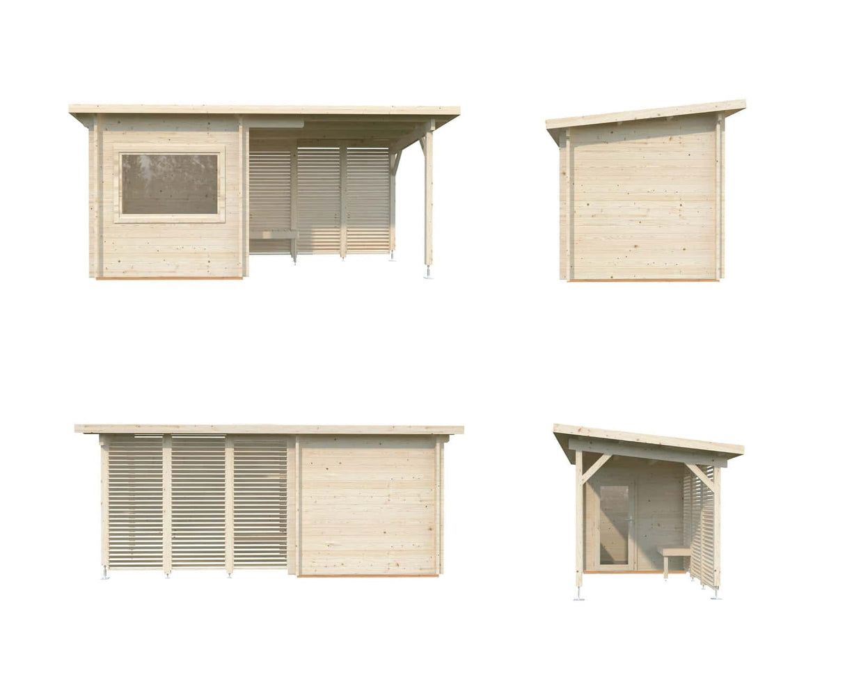 Sanna S+ (5.1x2.3m | 4.1+5.9 m2 | 44mm) Modern Outdoor Sauna with Canopy - Palmako UK