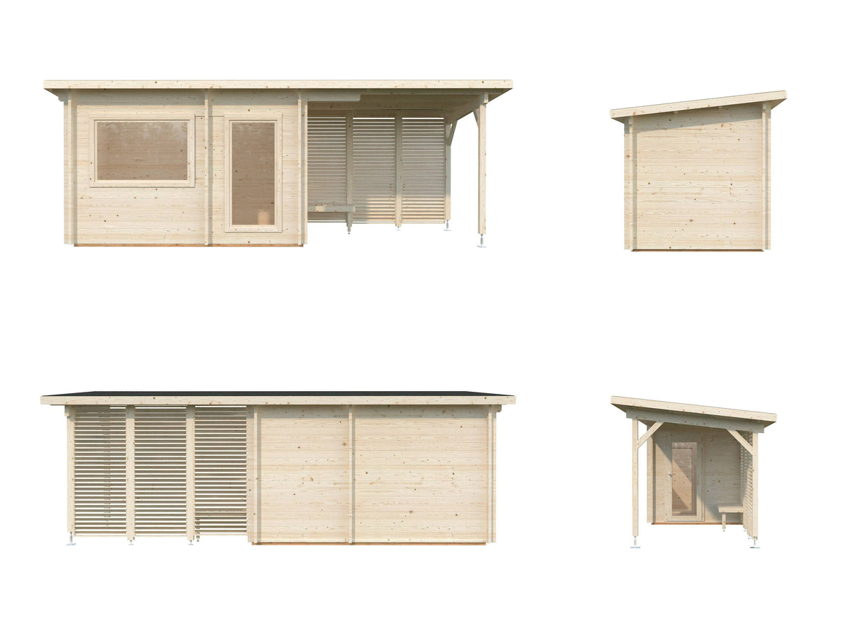 Sanna M+ (6.5x2.5m | 6.8+5.9m2 | 44mm) Modern Garden Sauna with Dressing Room and Canopy - Palmako UK