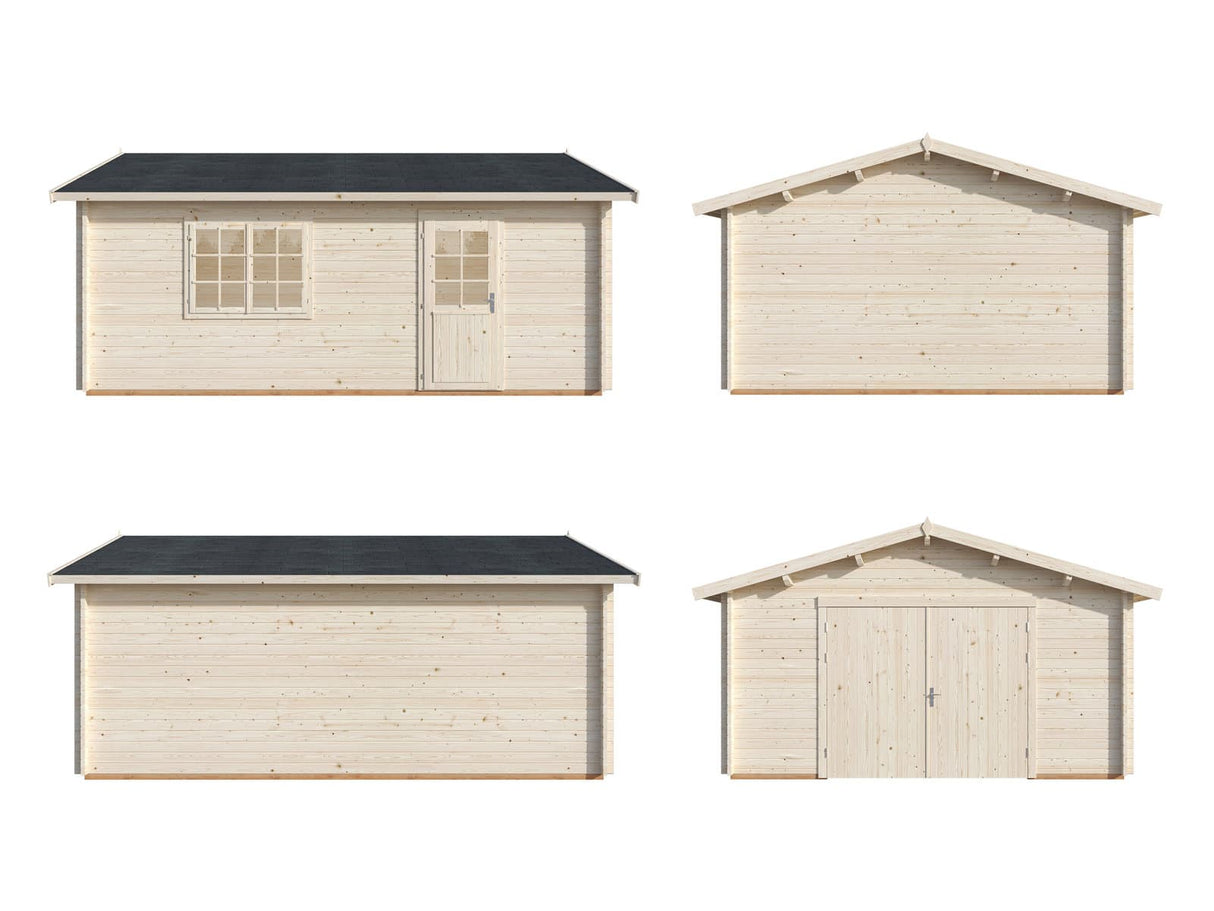 Roger S (4.7x5.7m | 23.9m2 | 44mm) Log Garage with Wooden Gate - Palmako UK