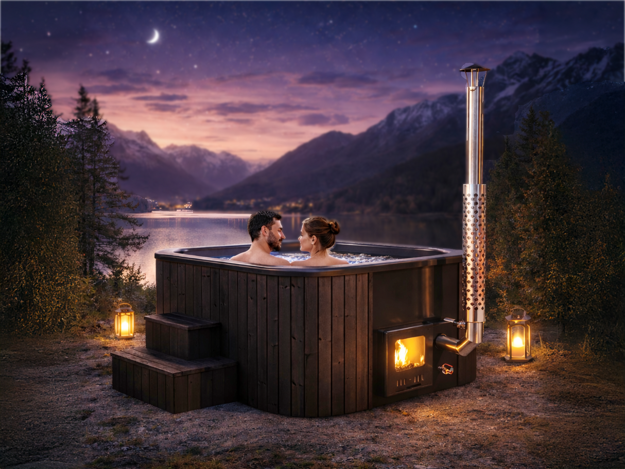 Elden Blackline (d200cm | 6-Person) Square Wood-Heated Outdoor Hot Tub with Integrated Woodburner, LED included