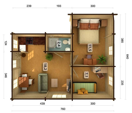Emily (6.6x7.8m | 39.2m2 | 70mm) Traditional Timber Holiday House - Palmako UK