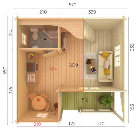 Emily (5.9x5.7m | 40.1+5.2m2 | 70mm) Log Cabin Holiday Chalet - Palmako UK