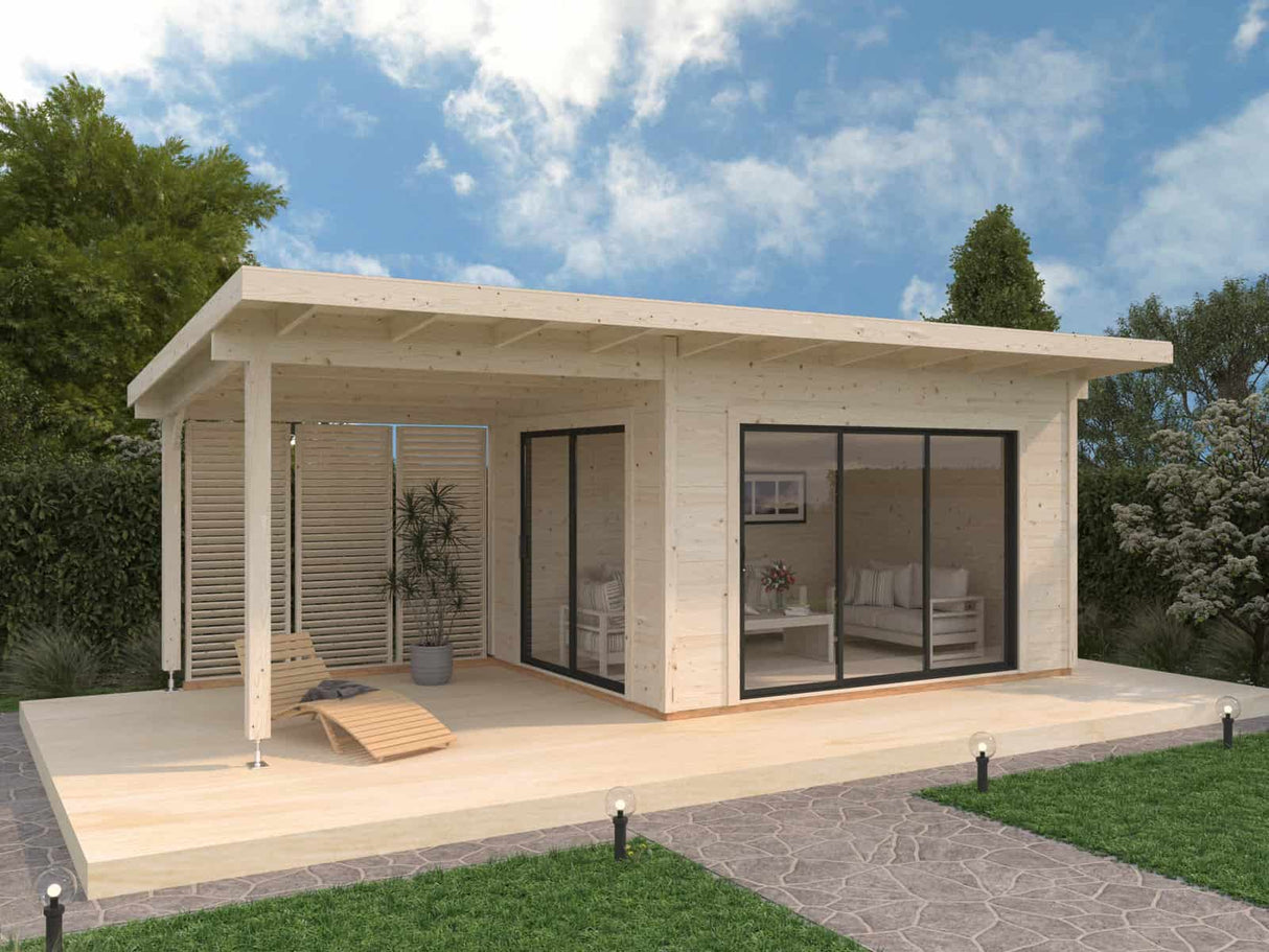 Grace (4x3m | 11.2+8.2m2 | 56mm) Year-Round Glue-Laminated Garden Room with Double Glazed Sliding Doors And Canopy - Palmako UK