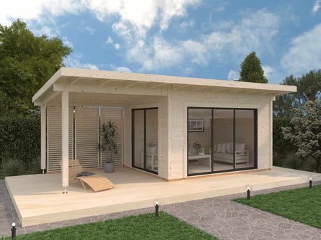 Grace (4x3m | 11.2+8.2m2 | 56mm) Year-Round Glue-Laminated Garden Room with Double Glazed Sliding Doors And Canopy - Palmako UK