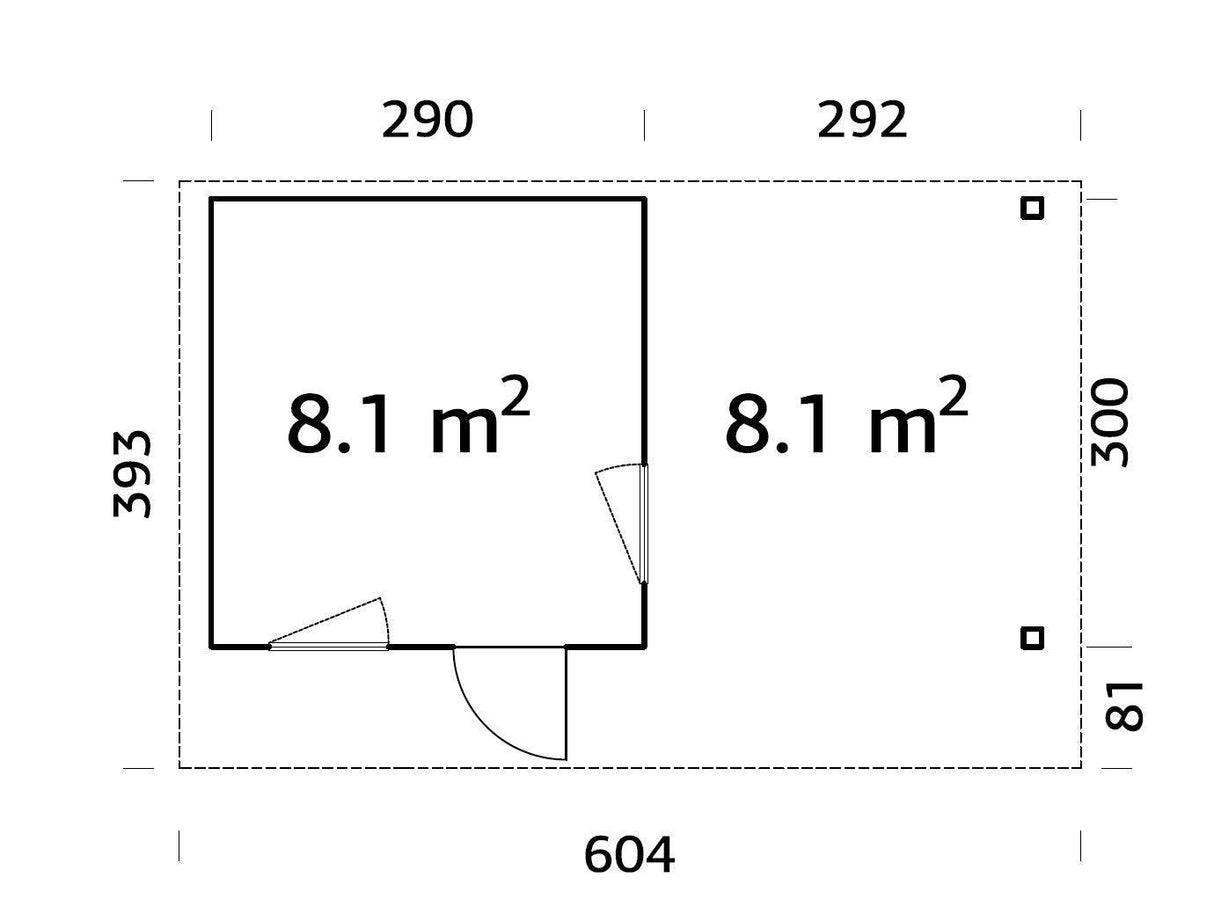 Grace (5.6x2.9m | 8.1+8.1m2 | 56mm) Year-Round Glue-Laminated Garden Room with Roof Canopy - Palmako UK