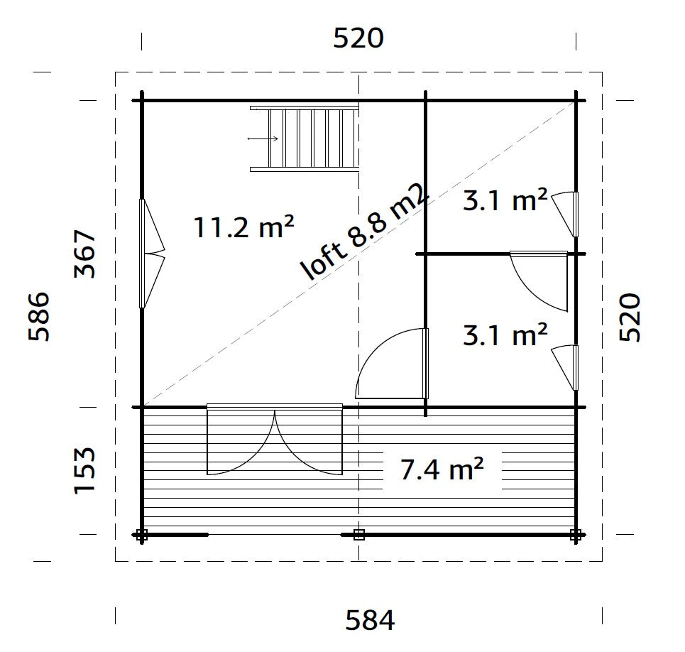 Leila 1 (5,4x3,4m | 17,5+7,3 m² | 70 mm) Log Sauna Cabin with Mezzanine Sleeping Loft