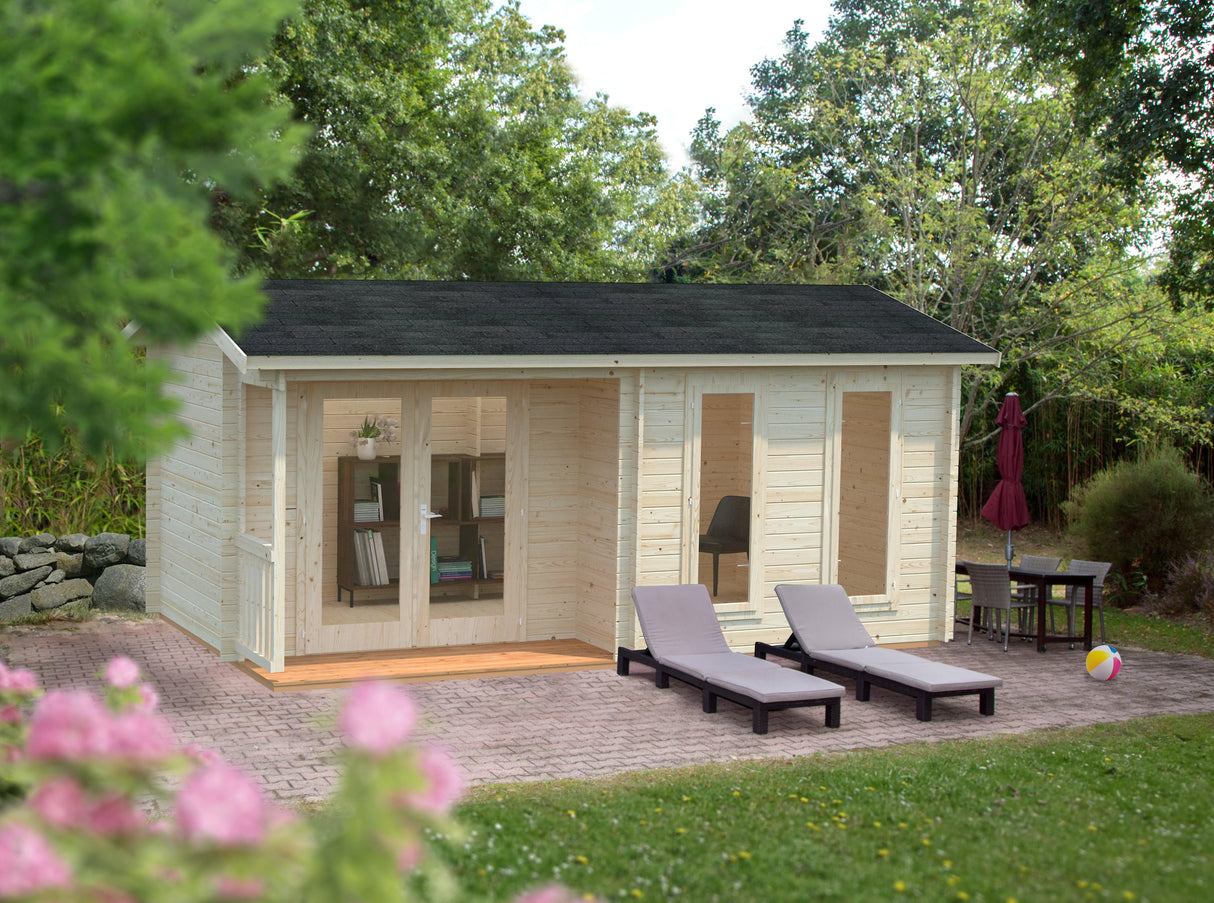 Olandar (5,2x3,7m | 14,4m2 | 34mm) Garden Office Log Cabin with Canopy - Palmako UK