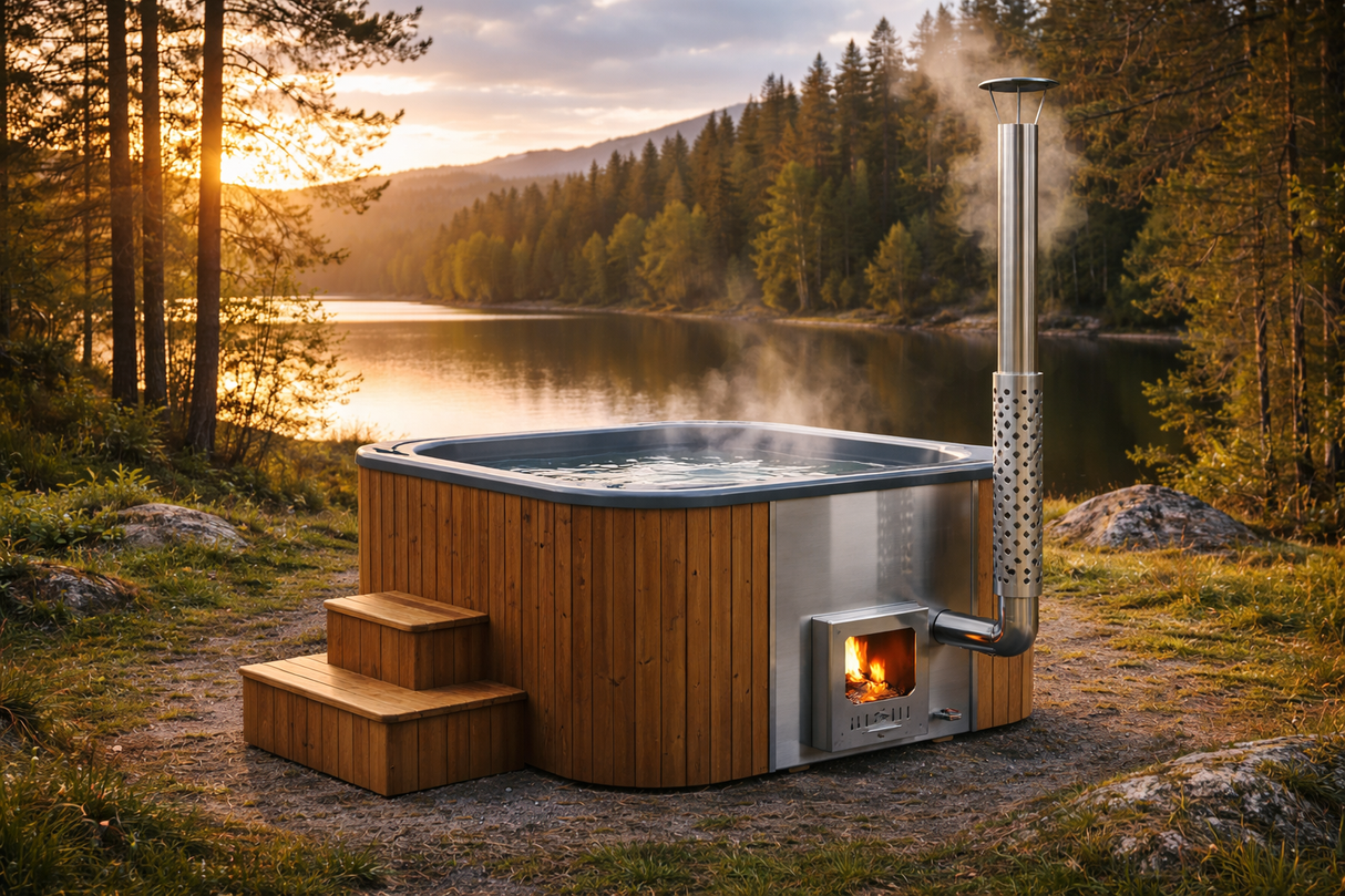 Elden (d200cm | 6-Person) Square Wood-Heated Outdoor Hot Tub with Integrated Woodburner, LED included
