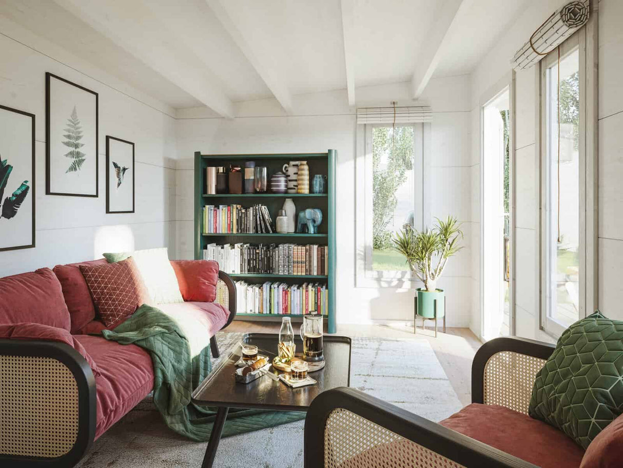 Grace (4.5x2.9m | 12.4+4.1m2 | 56mm) Year-Round Glue-Laminated Garden Room With Canopy - Palmako UK