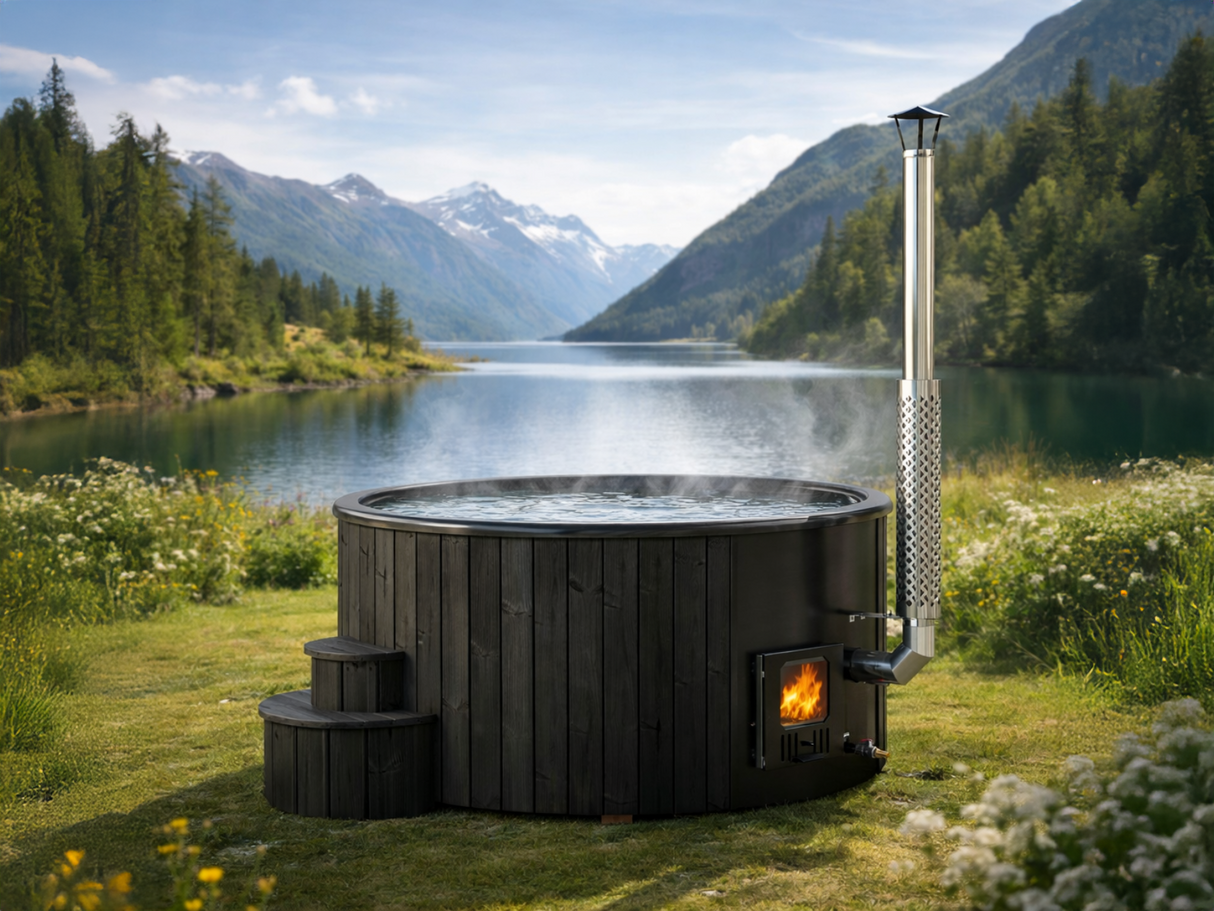 Solace L Blackline (d220cm | 8-Person) Round Wood-Heated Outdoor Hot Tub with Integrated Woodburner, LED included
