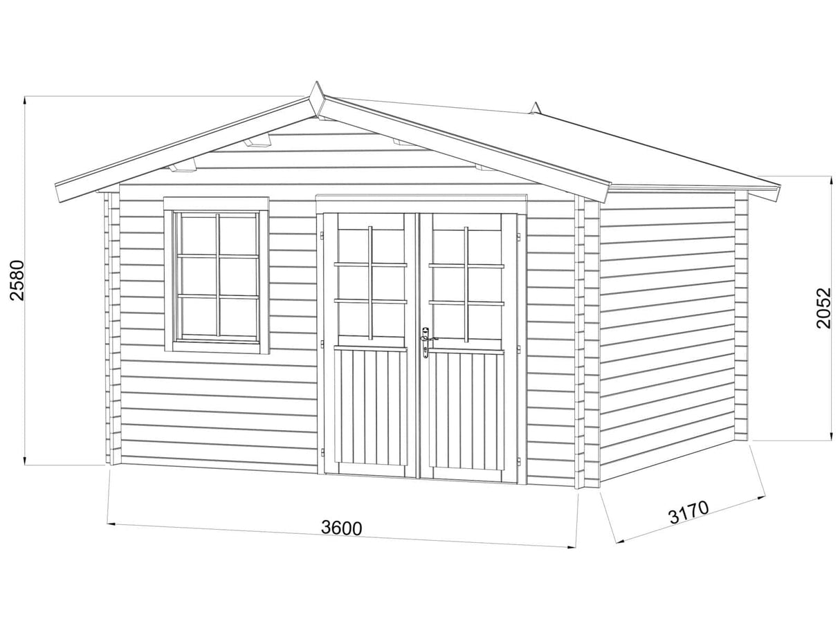 Valentine XL (3.6x3.2m | 11.0m2 | 28mm) Pressure Treated Double Door Garden Shed - Palmako UK