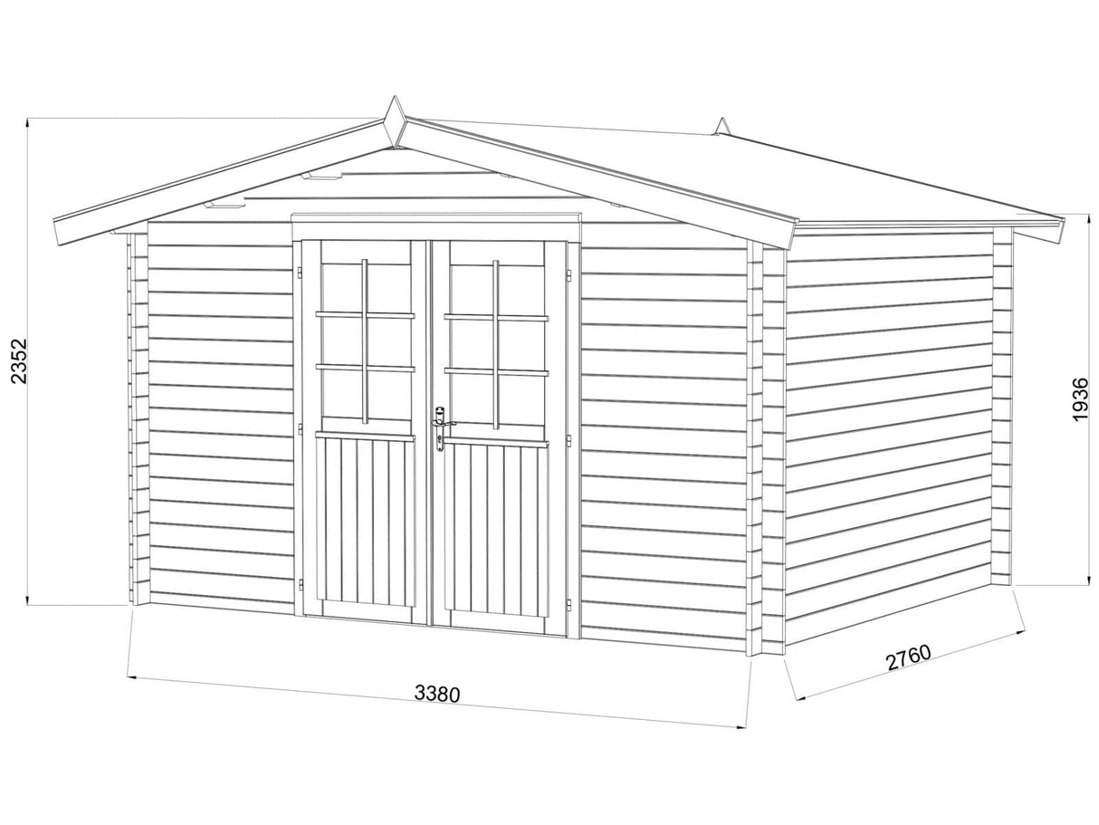 Valentine L (3.4x2.8m | 9.0m2 | 28mm) Pressure Treated Double Door Garden Shed - Palmako UK