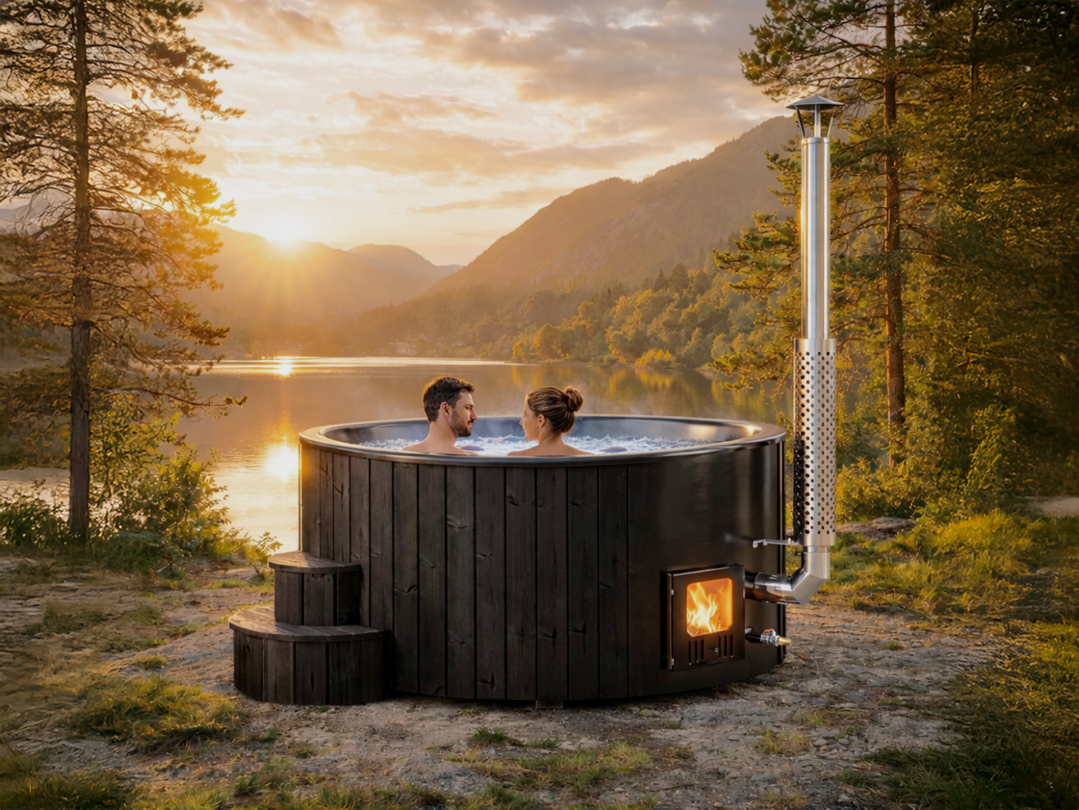 Solace M Blackline (d200cm | 6-Person) Round Wood-Heated Outdoor Hot Tub with Integrated Woodburner, LED included