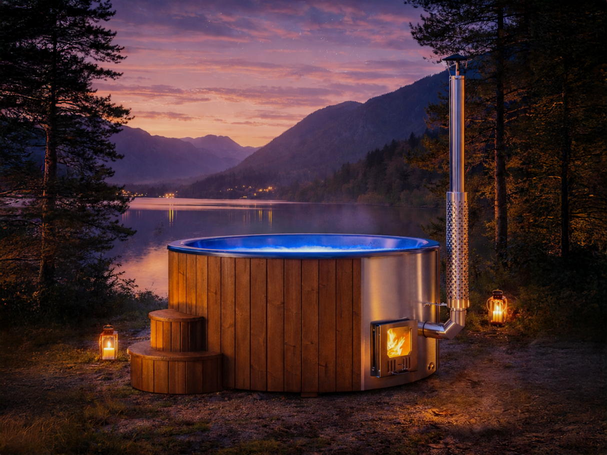 Solace M (d200cm | 6-Person) Round Wood-Heated Outdoor Hot Tub with Integrated Woodburner, LED included