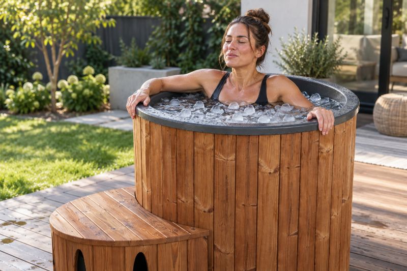 Woman relaxing in a wooden cold plunge tub filled with ice in a sunny backyard