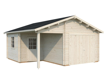 Roger M (5.3x5.7m | 21.9+5.2m2 | 44mm) Log Garage with Wooden Gate and Canopy