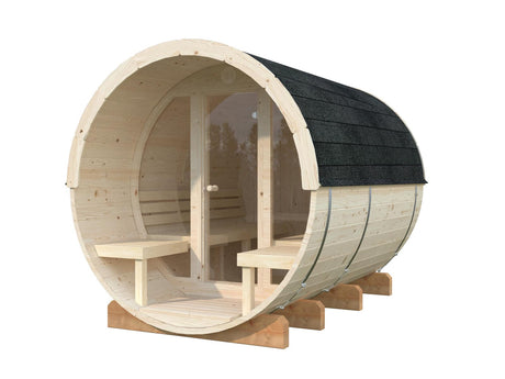 Anita L (2.2x2.9m | 1.6+0.7m2 | 42mm) Timber Garden Barrel Sauna with Glass wall - Palmako UK