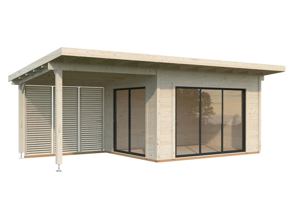 Grace (4x3m | 11.2+8.2m2 | 56mm) Year-Round Glue-Laminated Garden Room with Double Glazed Sliding Doors And Canopy