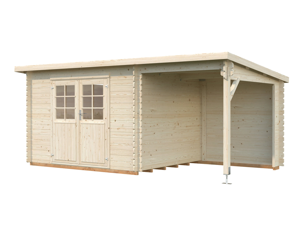 Malta 2 with 4,6 m2 Canopy (4,9x2,5m | 7,2+4,6m2 | 28mm) Double Door Pent Roof Cabin with Side Canopy