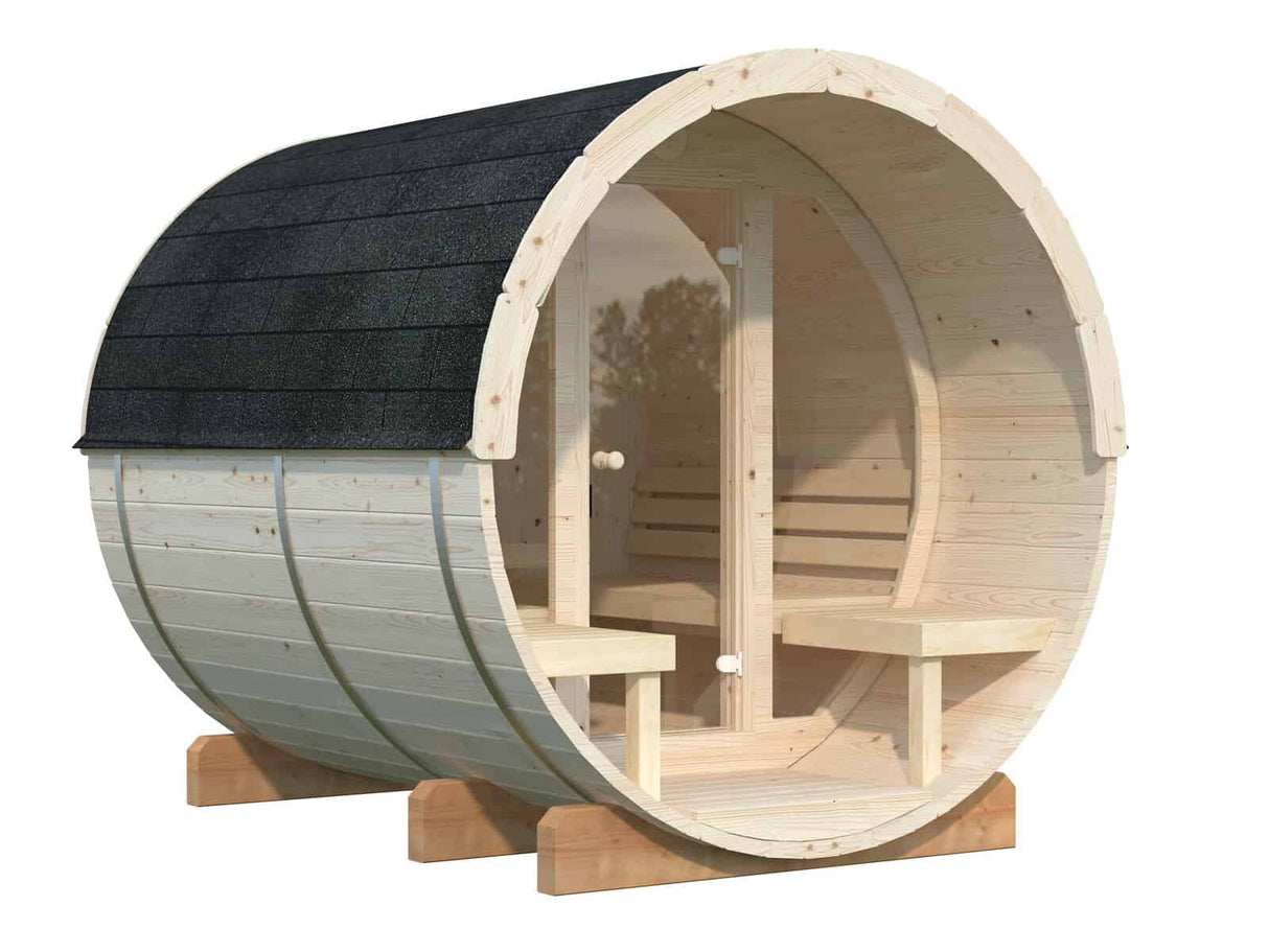 Anita M (2.2x2.5m | 1.3+0.7m2 | 42mm) Timber Garden Barrel Sauna with Glass wall