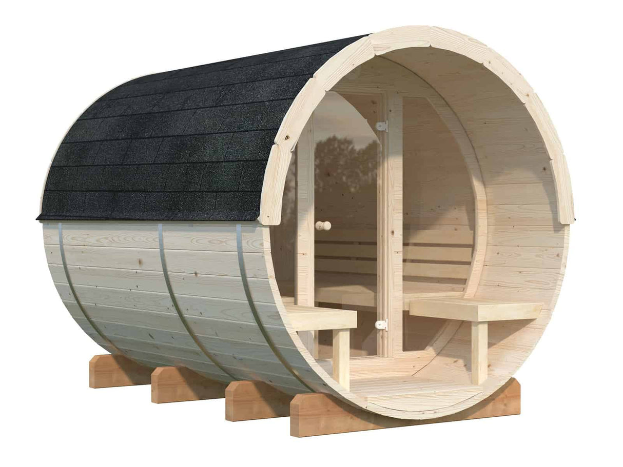 Anita L (2.2x2.9m | 1.6+0.7m2 | 42mm) Timber Garden Barrel Sauna with Glass wall