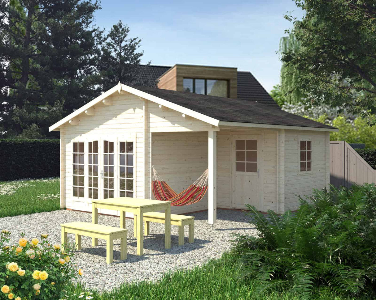 Irene XL (5.3x5.7m | 21.9+5.2m2 | 44mm) Summer House Log Cabin with Porch